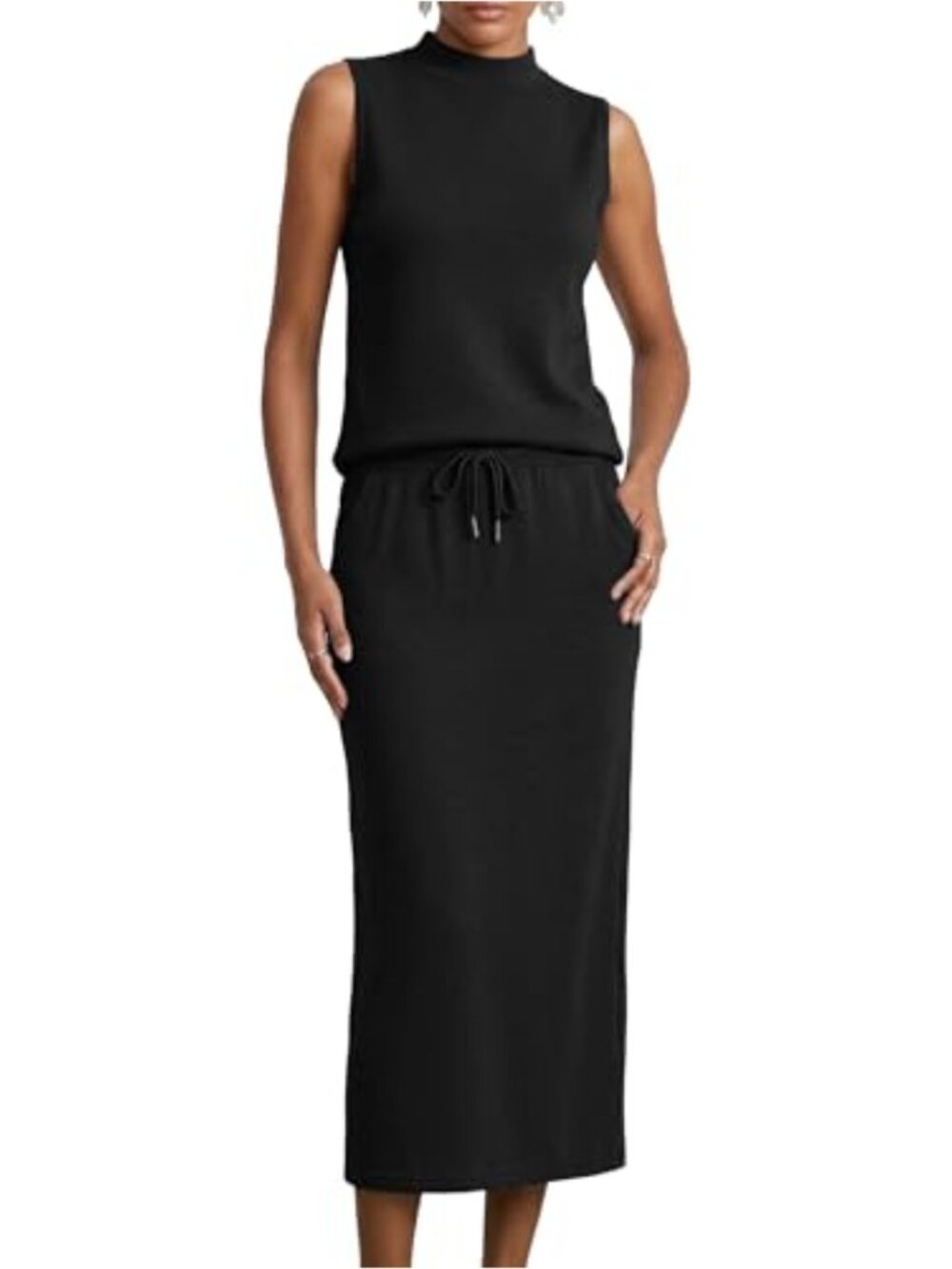 2 Piece Lounge Skirt Set Sleeveless Mock Neck Wide Leg Midi Skirt with Pockets